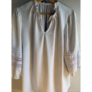 Fair Haven Womens XL White V-Neck Ruffle Blouse Crochet Eyelet Lace Puff Sleeve
